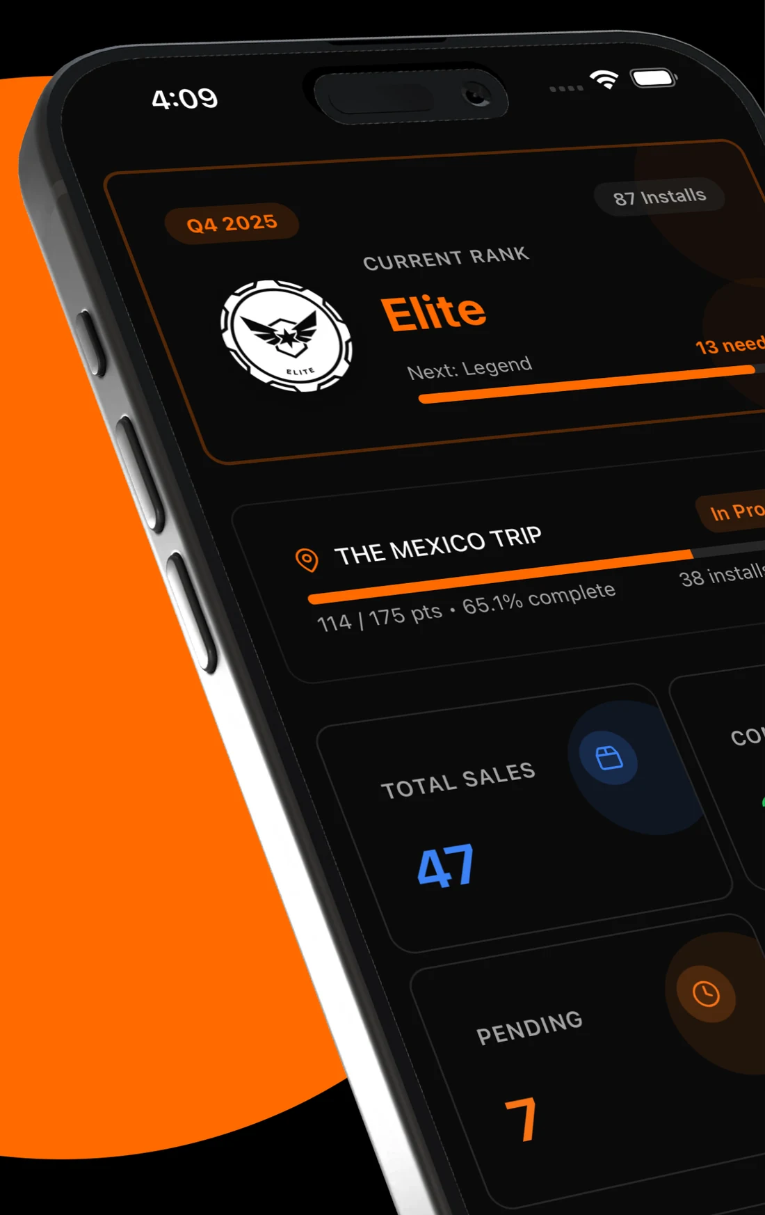 The League Fiber app showing current rank Elite, 87 installs and the Mexico Trip progress